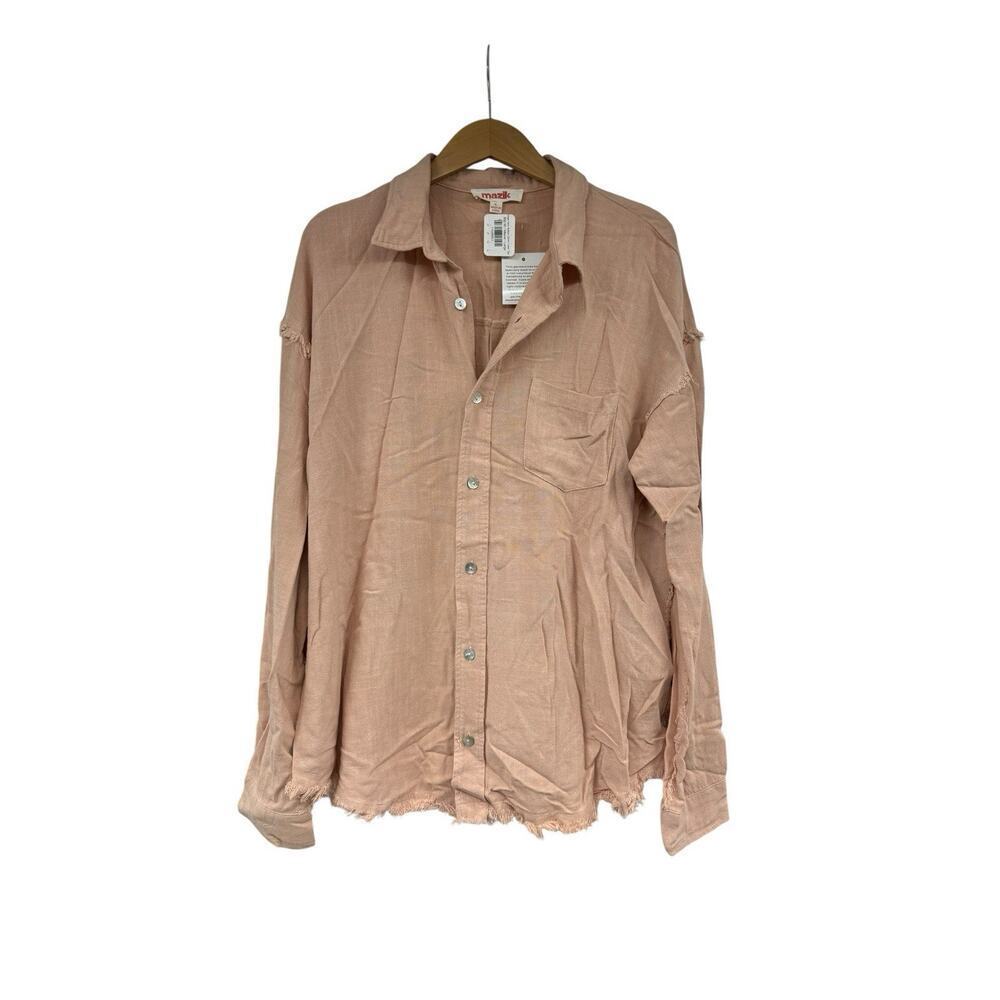 Mazik Boutique Button Up Pink Shirt Raw Hem Linen Blend Womens Large New